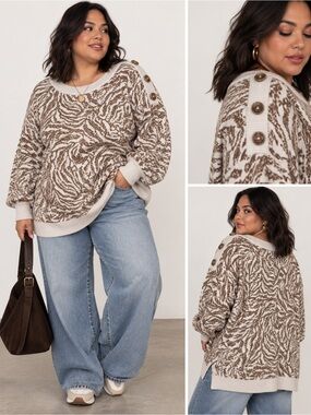 NWT Westbound Woman 2X Zebra Animal Print Oversized Sweater Button Shoulder